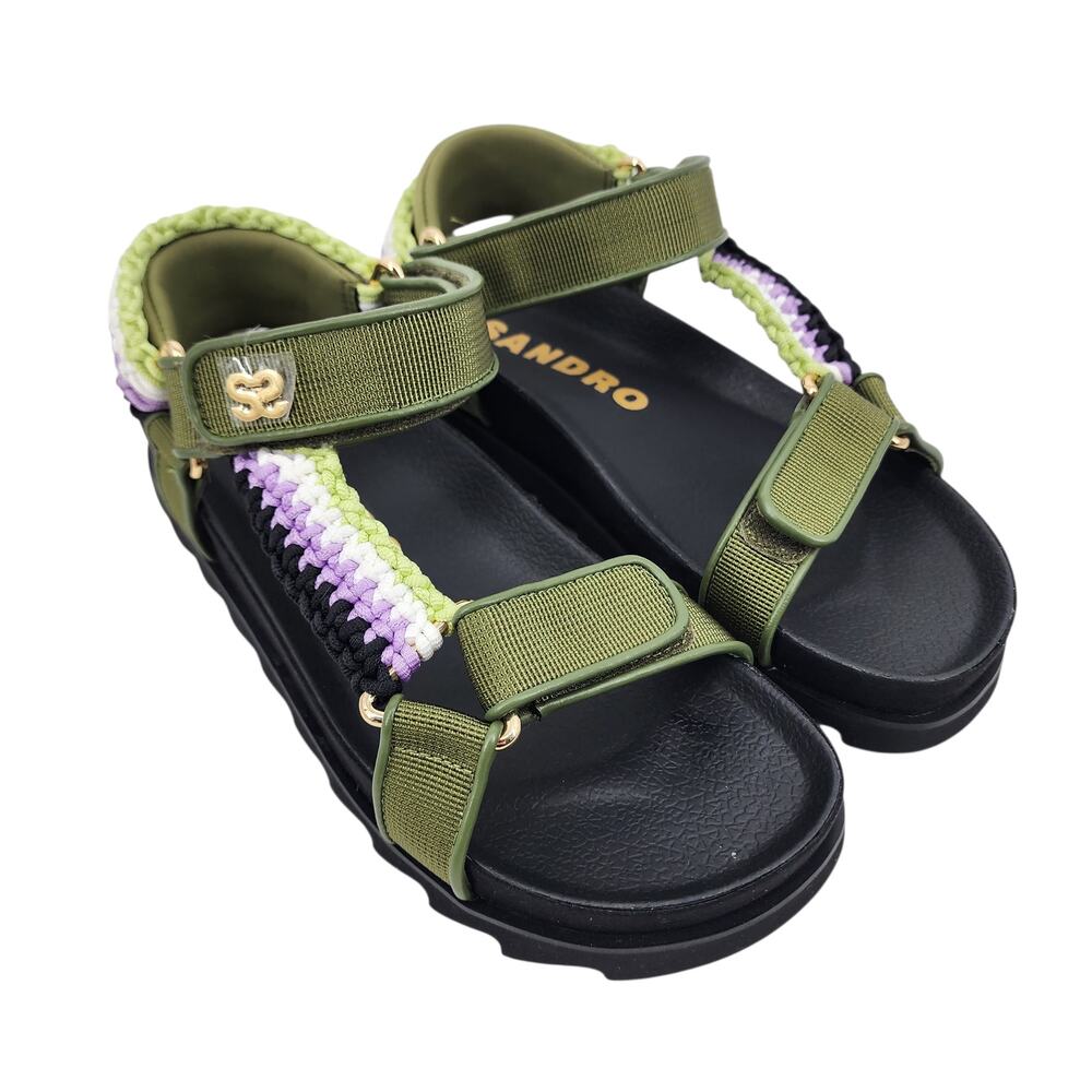Sandro Shell And Crochet-Knit Braided Open Toe Hook and Loop Sandals Size 39/8.5